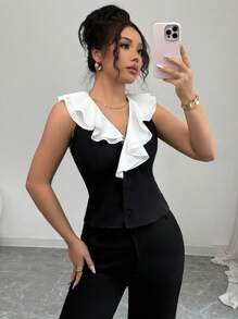 Selianne Women's Ruffled Collar Color Block Design Thin Summer Blazer - Black and White - View 6