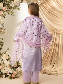 女孩三件套：朴素优雅的浅紫色针织上衣，带花卉装饰，长裤和围巾 - 彩色 - 查看 2