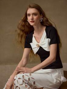 MOTF PREMIUM BOW DETAIL SHORT SLEEVE KNIT TOP - Black - View 7