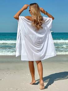 Swim Lushoire Elegant Black & White Contrast Spaghetti Strap Crop Top With Metal Butterfly Decor, And Side-Tied Metal Butterfly Accent Shorts, With Black & White Color Block Dress Outerwear, 3-Piece Set For Summer Beach Vacation - Black and White - View 2