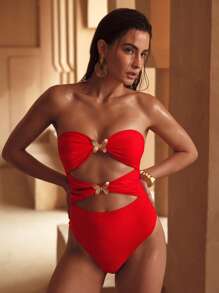 MOTF PREMIUM RUCHED BANDEAU ONE-PIECE SWIMSUIT FOR SUMMER BEACH VACATION - Red - View 6