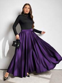 Vionelle 大码优雅纯色喇叭裙，秋季长裙 - 紫色 - 查看 5