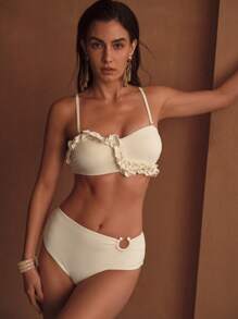 MOTF PREMIUM RUFFLE TRIM SPAGHETTI STRAP BIKINI TOP FOR SUMMER BEACH VACATION - Beige - View 7