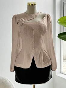 SHEIN Clasi Plus Size Elegant Silk-Like Crinkle Floral Asymmetric Button Down Shirt - Pink - View 4