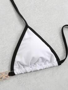 Swim Lushoire Elegant Black & White Contrast Spaghetti Strap Crop Top With Metal Butterfly Decor, And Side-Tied Metal Butterfly Accent Shorts, With Black & White Color Block Dress Outerwear, 3-Piece Set For Summer Beach Vacation - Black and White - View 8