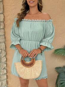 Breezaya Mono de talla grande con hombros descubiertos, mangas con volantes, panel de encaje floral, ceñido a la cintura, estilo romántico para vacaciones