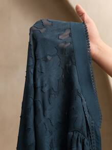 Anewsta Plus Size Women Elegant Floral Jacquard Stand Collar Ruffle Trim Long Sleeve Blouse Top, Vacation & New Year - Navy Blue - View 7