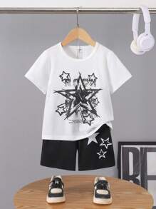Young Boy 5-Pointed Star Printed Round Neck Short Sleeve T-Shirt And Shorts Casual Outfit - White - View 3