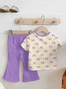 SHEIN Conjunto de pantalones de manga corta y cuello redondo minimalista informal para niña bebé, adecuado para primavera/verano - Blanco - Ver 3