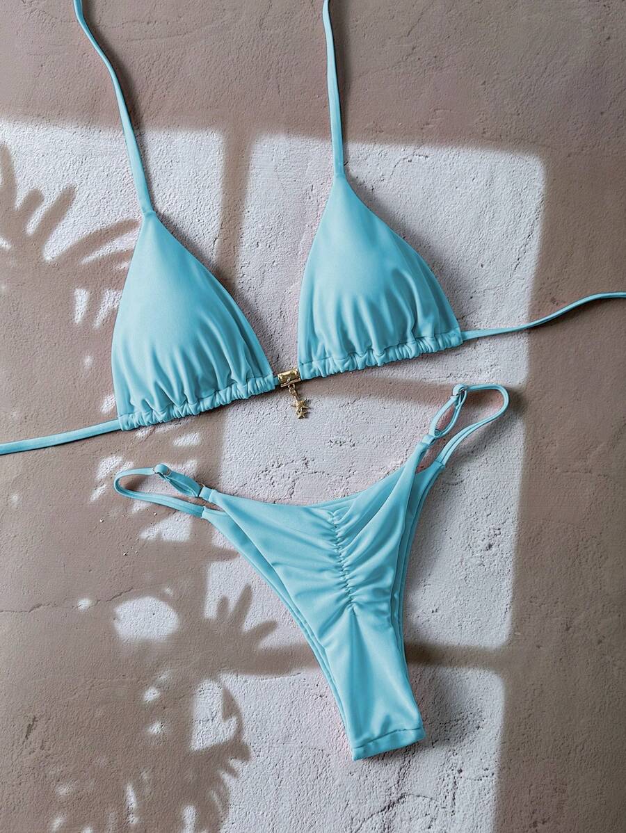 Swim Vcay Women's Solid Color Halter Metallic Pendant Sexy Thong Bikini Set, Summer