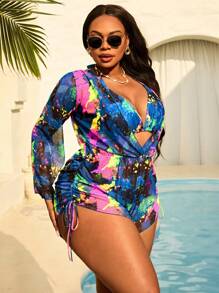 SHEIN Slayr CURVE Bộ đồ bơi hở lưng nhuộm loang cỡ lớn 3 mảnh cho nữ kèm quần dài tay và áo choàng lưới, đồ bơi thời trang đi biển/nghỉ dưỡng - Nhiều màu - Xem 4