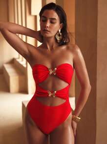 MOTF PREMIUM RUCHED BANDEAU ONE-PIECE SWIMSUIT FOR SUMMER BEACH VACATION - Red - View 7