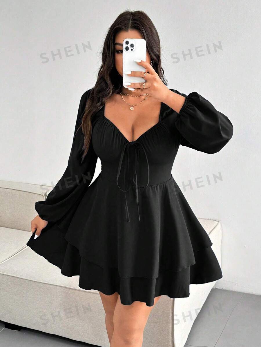 Celure Vestido elegante de talla grande de unicolor con cintura anudada y doble dobladillo