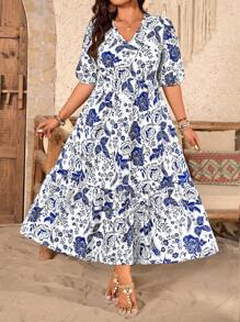 SHEIN Clasi 大码 V 领泡泡袖热带植物印花高腰宽松连衣裙 - 藍色 - 查看 3