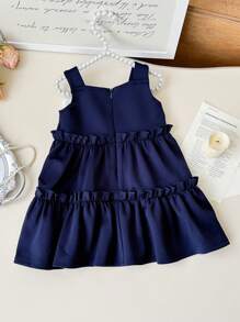 SHEIN Baby Girl Cute & Elegant Color Contrast Bow Frill Trim Camisole Dress - Navy Blue - View 6