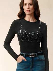 Anewsta Women's Elegant Sparkling Short Sleeve T-Shirt, Modern Resort Style Top, Fitted Design, Suitable For Spring Festival, Graduation, Elegant Occasions - Dark Grey - View 7