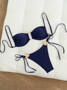 SHEIN 2 pezzi Completo da spiaggia per donna estivo - Top con spalline sottili color tinta unita con decorazione in metallo dorato e slip da bikini a triangolo con lacci laterali - Blu Navy - Visualizzare 1
