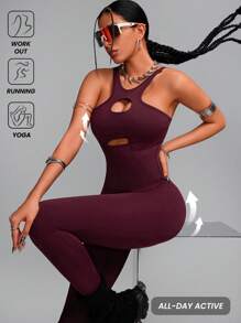 Innovista 女士运动服交叉镂空运动连体裤，透气网眼镂空高弹力速干健身连体裤，塑身衣，Lux 红色健身服，健身连体裤和训练服，前卫独特时尚运动服，瑜伽、垫上运动、普拉提、跑步、有氧运动、力量、举重、骑自行车、户外、徒步旅行、露营、越野跑、排球、外出、舞蹈、运动休闲、音乐节、派对、紧身裤套装、秋季装备、泳衣 - 酒紅色 - 查看 3