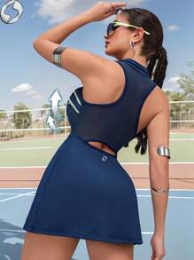 Innovista 女士运动服网球高尔夫拼接二合一无袖运动连衣裙，透气网眼镂空高弹速干面料，可作裙裤穿着，适合健身房和运动，口袋可多用途，可搭配短裤，适用于匹克球、板式网球等运动，时尚独特，适合健身、外出、户外旅行、徒步、露营、越野、排球、舞蹈、约会、休闲运动、海滩、音乐节、派对等场合，性感迷人，可作吊带裙穿着，蓝色，亮眼，适合秋季穿着，女士泳装，复活节女孩连衣裙，秋季女装，清爽浅蓝色 - 藏蓝色 - 查看 2