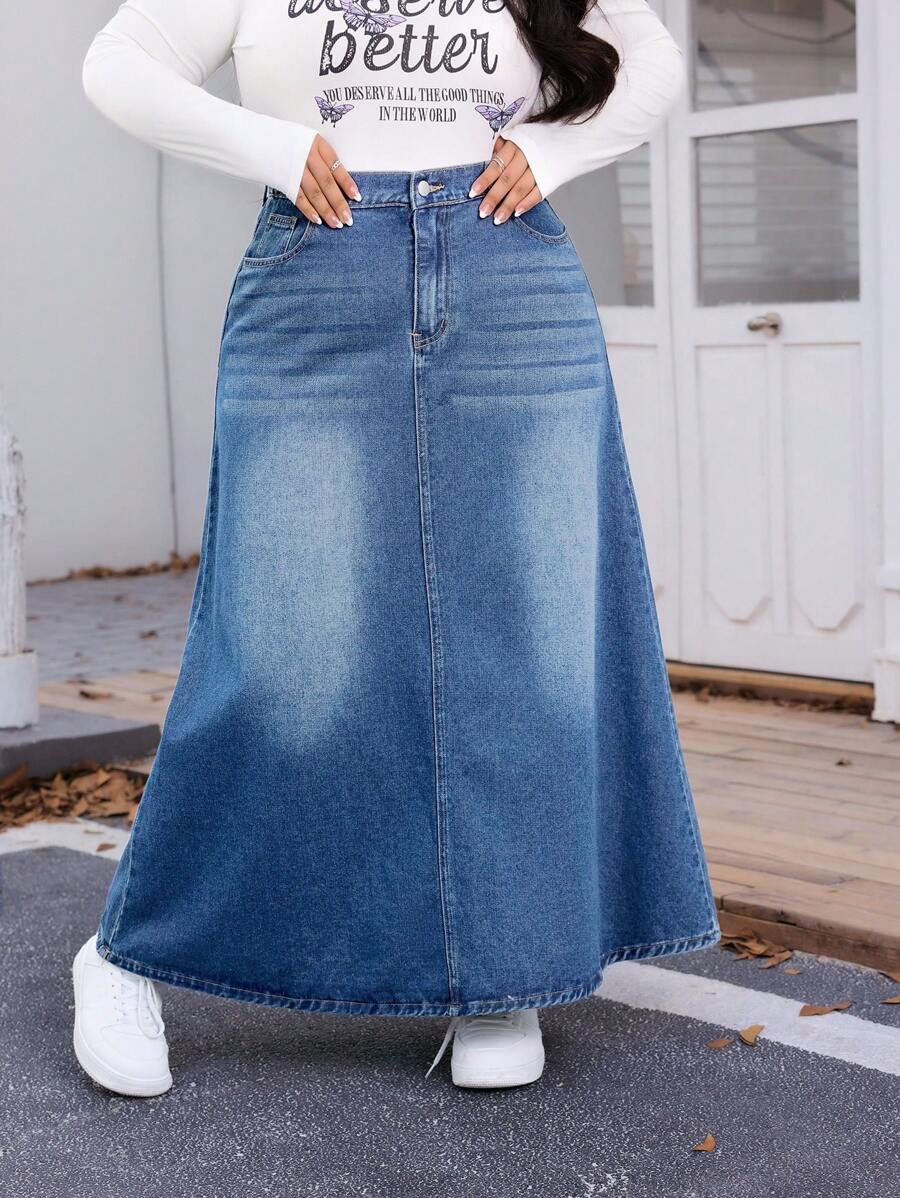 SHEIN EZwear Plus Size Denim Mini Skirt, Simple And Fashionable, Suitable For Summer Skirts For Women Denim