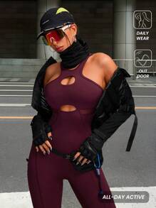 Innovista 女士运动服交叉镂空运动连体裤，透气网眼镂空高弹力速干健身连体裤，塑身衣，Lux 红色健身服，健身连体裤和训练服，前卫独特时尚运动服，瑜伽、垫上运动、普拉提、跑步、有氧运动、力量、举重、骑自行车、户外、徒步旅行、露营、越野跑、排球、外出、舞蹈、运动休闲、音乐节、派对、紧身裤套装、秋季装备、泳衣 - 酒紅色 - 查看 5