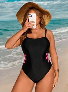 Swim Lushoire 加大码女式镂空连体泳衣 - 黑色 - 查看 3