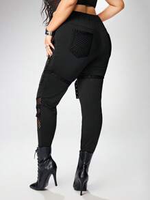 ROMWE Grunge Punk Plus Size Women Skinny Pants With Hollow Out, See-Through Net Fabric, Strappy Design, Suitable For Summer Beach, Graduation, Easter, Concert, Nashville Vacation And Elegant Tropical Music Festivals Like Rock, Punk, Heavy Metal