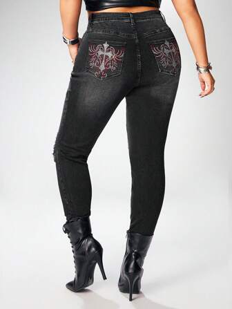 Grunge Punk Plus Size Distressed Skinny Jeans With Cross Print And Rhinestones