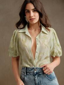 Anewsta 女士拼接花卉刺绣优雅浪漫透明泡泡袖衬衫，春季女装，夏季服装