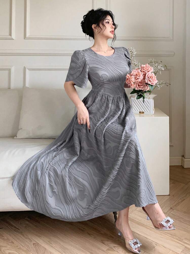 Solid Color Round Neck Puff Sleeve Pleated A-Line Midi Dress For Women