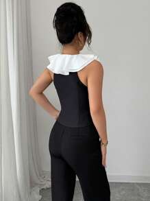 Selianne Women's Ruffled Collar Color Block Design Thin Summer Blazer - Black and White - View 2