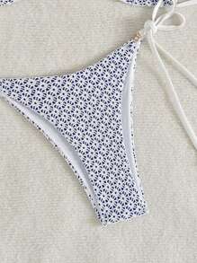 Swim Mod 2pcs/Set Women Summer Beach Vacation Textured Fabric Pearl Metal Decor Spaghetti Strap Top And Drawstring Side Bikini Bottom Bikini Set - Blue and White - View 4