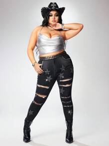 ROMWE Grunge Punk Jeans pitillo vaqueros de talla grande desgastados y desgarrados con cadena de strass y decoración punk estrella - Negro - Ver 6