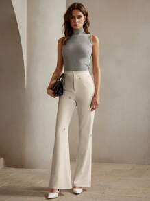 Anewsta Pantalones acampanados elegantes y modernos con decoración de cristales de 3D, adecuados para primavera y verano - Beis - Ver 6