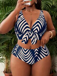 SHEIN Slayr CURVE Plus Size Women Wide Strap V-Neck Bowknot Printed Top Paired With High Waist Pants, Summer Beach Vacation Outfit - Blue - View 1