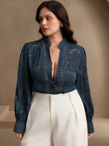 Anewsta Plus Size Women Elegant Floral Jacquard Stand Collar Ruffle Trim Long Sleeve Blouse Top, Vacation & New Year - Navy Blue - View 6