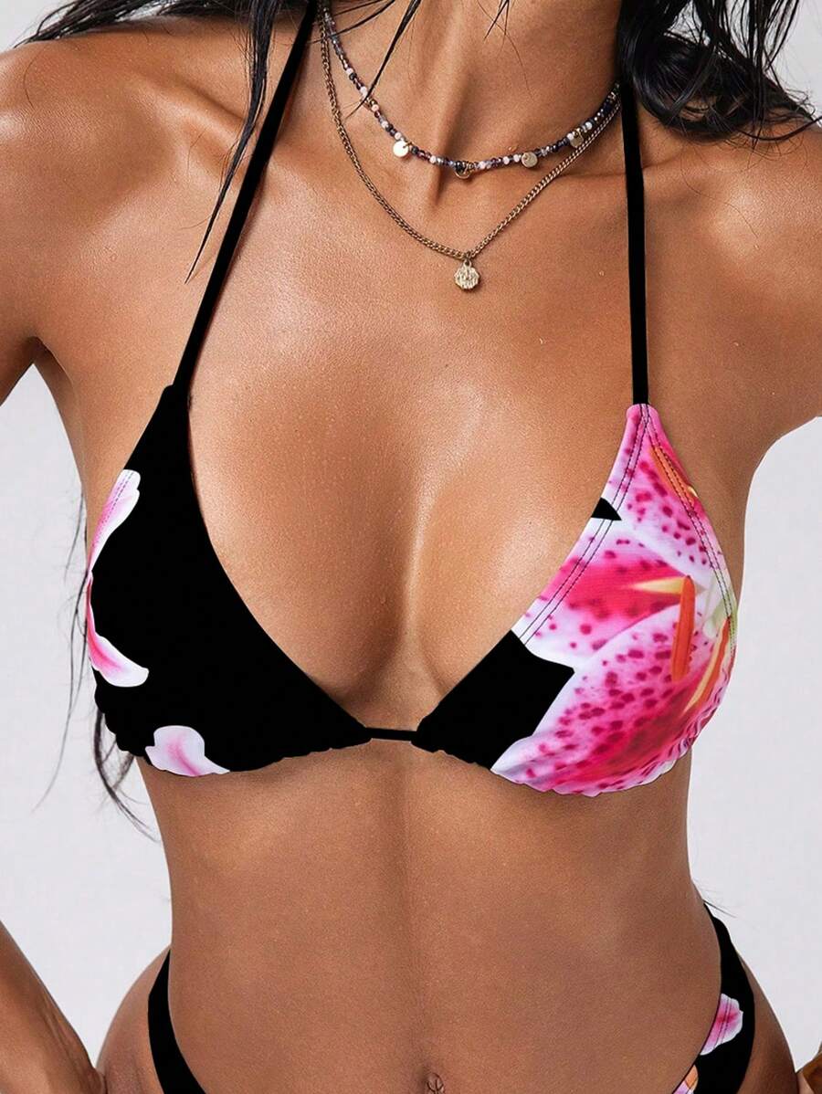 Swim EVENT 2025 Women Floral Print Bikini Top, Summer Holiday - Black - View 1