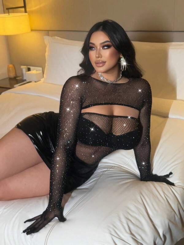 Flirla بدلة نسائية كاملة الحجم مجسمة بقماش شبكي لامع مفتوح وطويلة الأكمام مثيرة