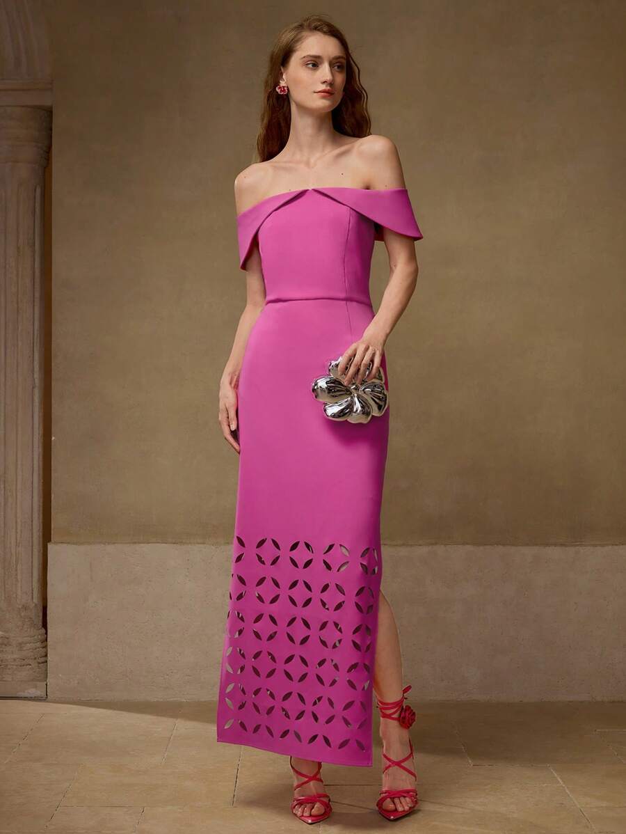 MOTF PREMIUM HOLLOW OUT SPLIT DRESS - Hot Pink - View 1