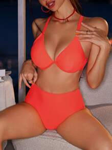 Swim DD+ Women Solid Color Underwire Bikini Set Swimwear Set, DD+, For Summer Beach Vacation