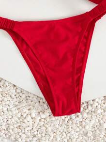 Swim Vcay 2pcs/Set Women Simple Elegant Wide Strap Metal Butterfly Decor Swimwear Top & Wide-Side Pleated Bottoms, Suitable For Holiday Vacation - Red - View 3