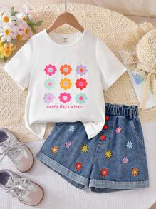 Niña preadolescente: Camiseta blanca combinada con shorts de mezclilla bordados - Blanco - Ver 3