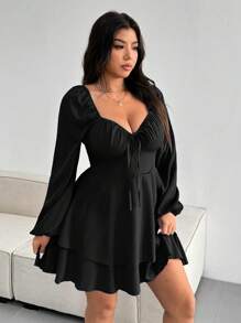 Celure Vestido elegante de talla grande de unicolor con cintura anudada y doble dobladillo