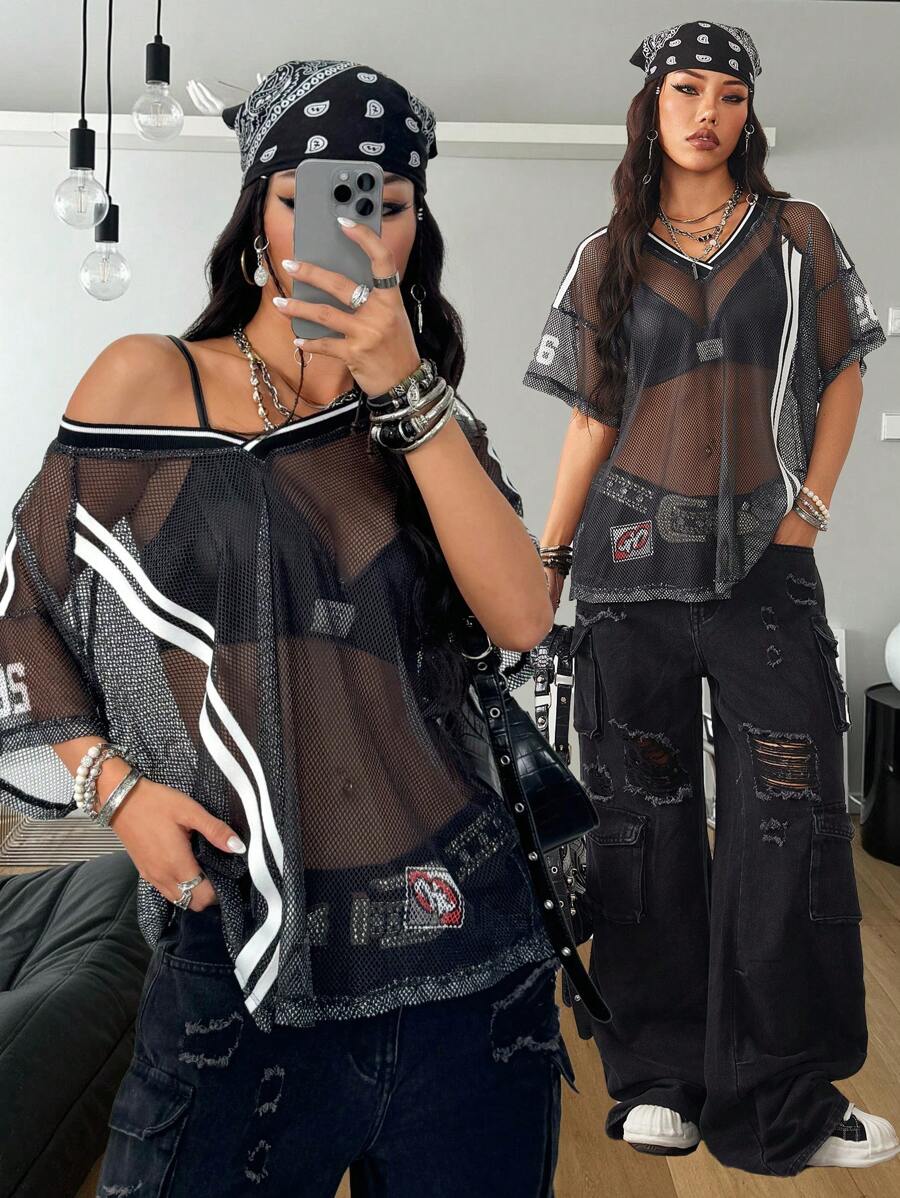 Coolane Tween Girls Spring/Summer Streetwear Athleisure Number Pattern Woven Tape Breathable Mesh V-Neck Jersey Y2k - Black - View 1