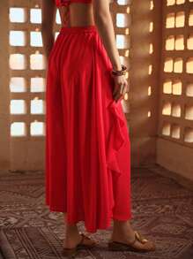 MOTF PREMIUM FLOWY RUFFLE TRIM SKIRT - Red - View 6