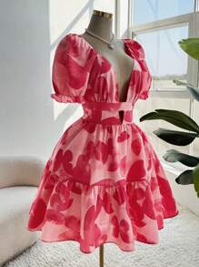 Ceyna Vestido sexy de manga corta abullonada con hombros insertados en V profunda y estampado de mariposas para mujer talla grande