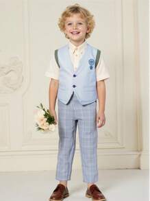 SHEIN Young Boys' Elegant Casual Plaid Slanted Pocket Long Pants Kids Clothes Pants Boys Clothes Kids Pants - Grey - View 2