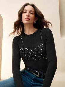 Anewsta Women's Elegant Sparkling Short Sleeve T-Shirt, Modern Resort Style Top, Fitted Design, Suitable For Spring Festival, Graduation, Elegant Occasions - Dark Grey - View 4