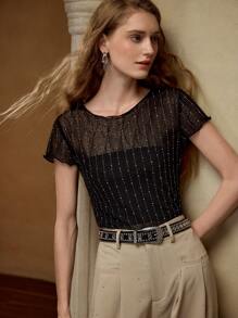 MOTF PREMIUM Top trasparente in pizzo con strass