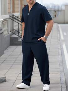 Manfinity Homme Plus Size Men's Solid Color Button-Down Short Sleeve Shirt And Pants Casual 2 Pieces Set - Black - View 1